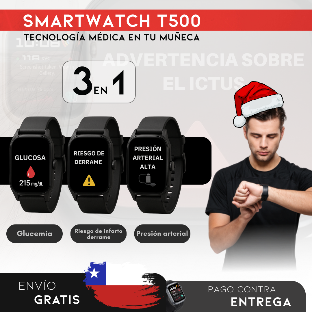 PROMOCIÓN DE NAVIDAD: SmartWatch T500 – Monitor Médico 3 en 1 (Glucosa, Presión, Riesgo de ACV) | Menú en español