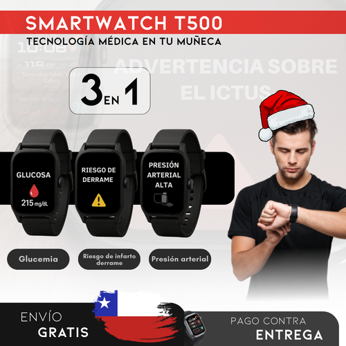 PROMOCIÓN DE NAVIDAD: SmartWatch T500 – Monitor Médico 3 en 1 (Glucosa, Presión, Riesgo de ACV) | Menú en español